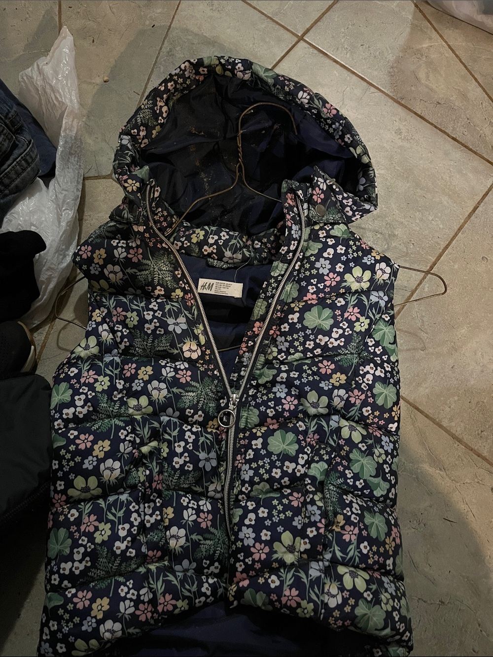 H&M Floral Quilted Puffer Vest in Navy with Pink & Green Flowers
